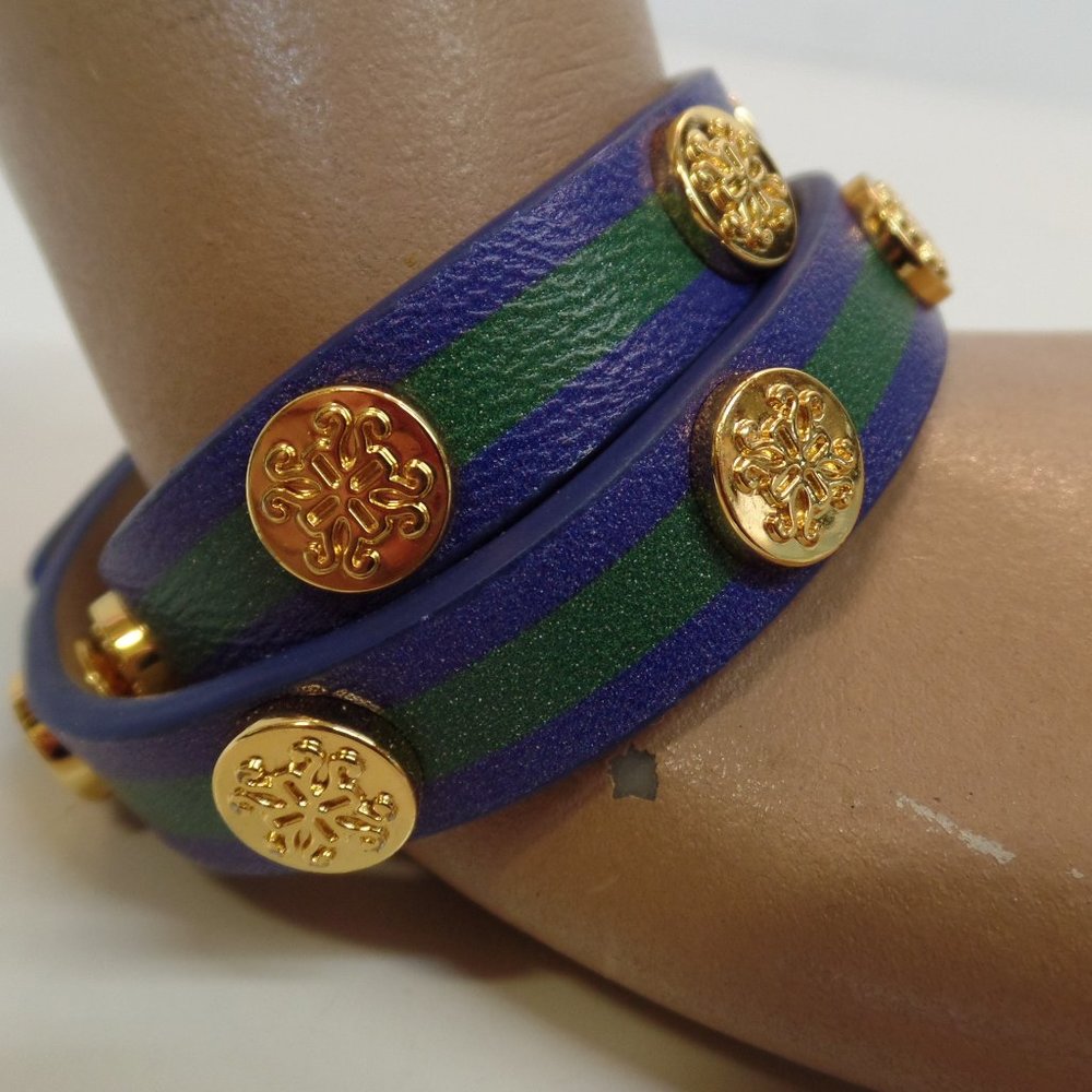 RUSTIC CUFF DOUBLE WRAP LEATHER BRACELET GOLDTONE ACCENTS BLUE/GREEN